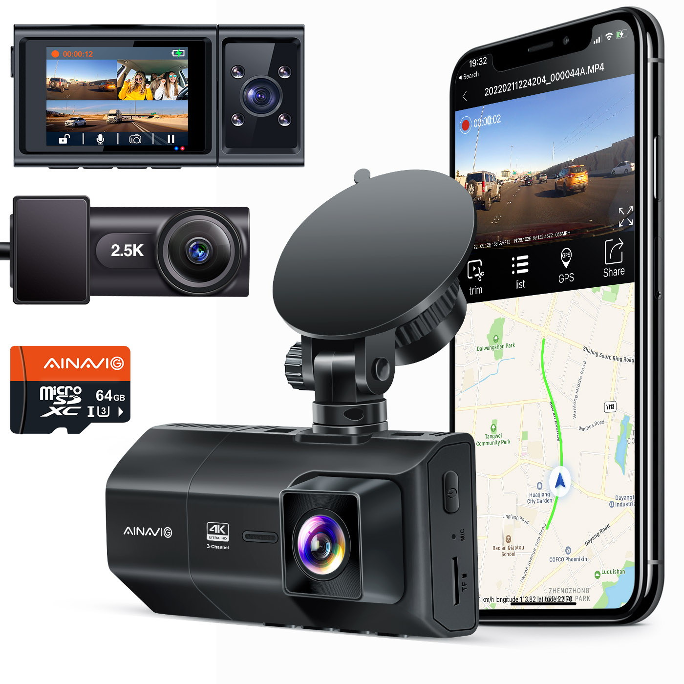 3 канала 4K Dash Cam спереди и сзади и внутри тройной Автомобильная камера для автомобилей водителя грузовика такси, с функцией GPS, Wi-Fi беспроводной экран приложения