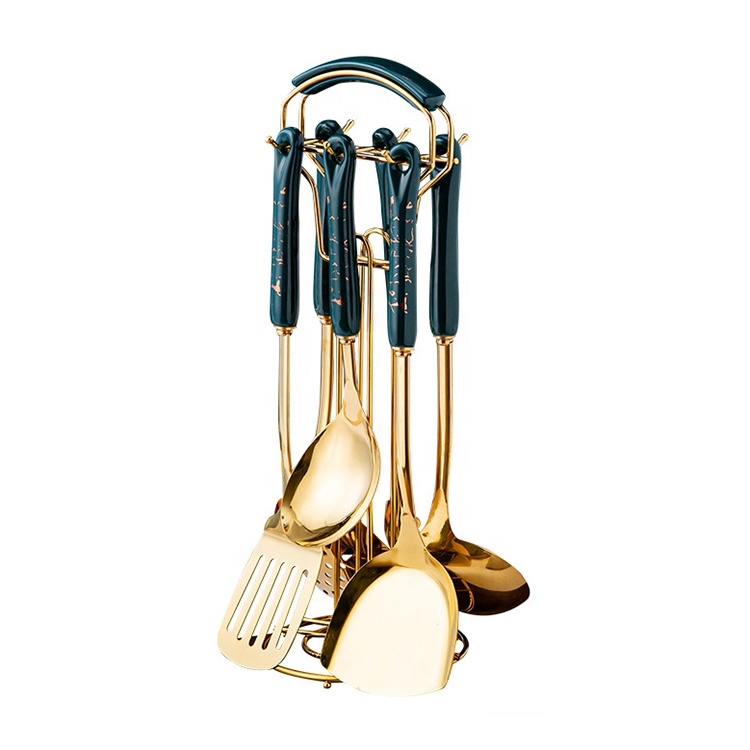 Kitchenware Set 6 PCS Ceramic Handle 201 Stainless Steel Gold Home Kitchen Tools with Standing Rack