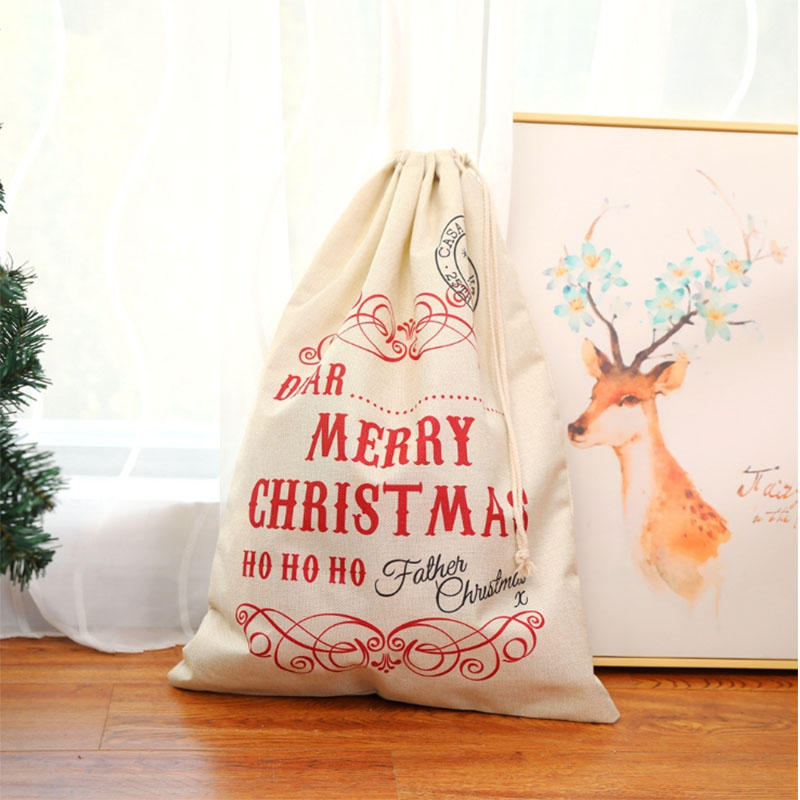 Large Size Canvas Christmas Gift Bag Deer pattern Natural Cotton Gift Sack for Christmas