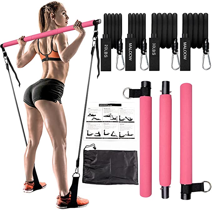 SENDROAD Rotable Home Gym Workout Equipment Exercise Pilates Bar Kit with Resistance Bands