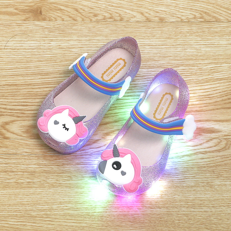 Fashion summer luminous sandals unicorn jelly LED flashing light little girl shoes cool slippers
