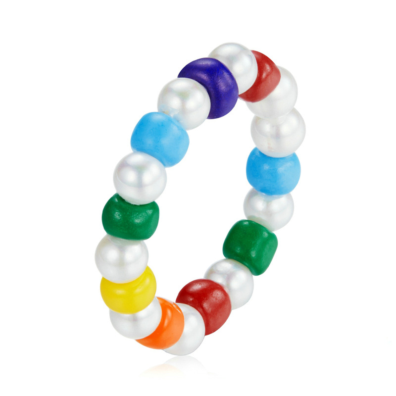 Popular Rainbow Shell Bead Ring Adjustable Elastic Cord Colored Glass Bead Fashion Simple Ring