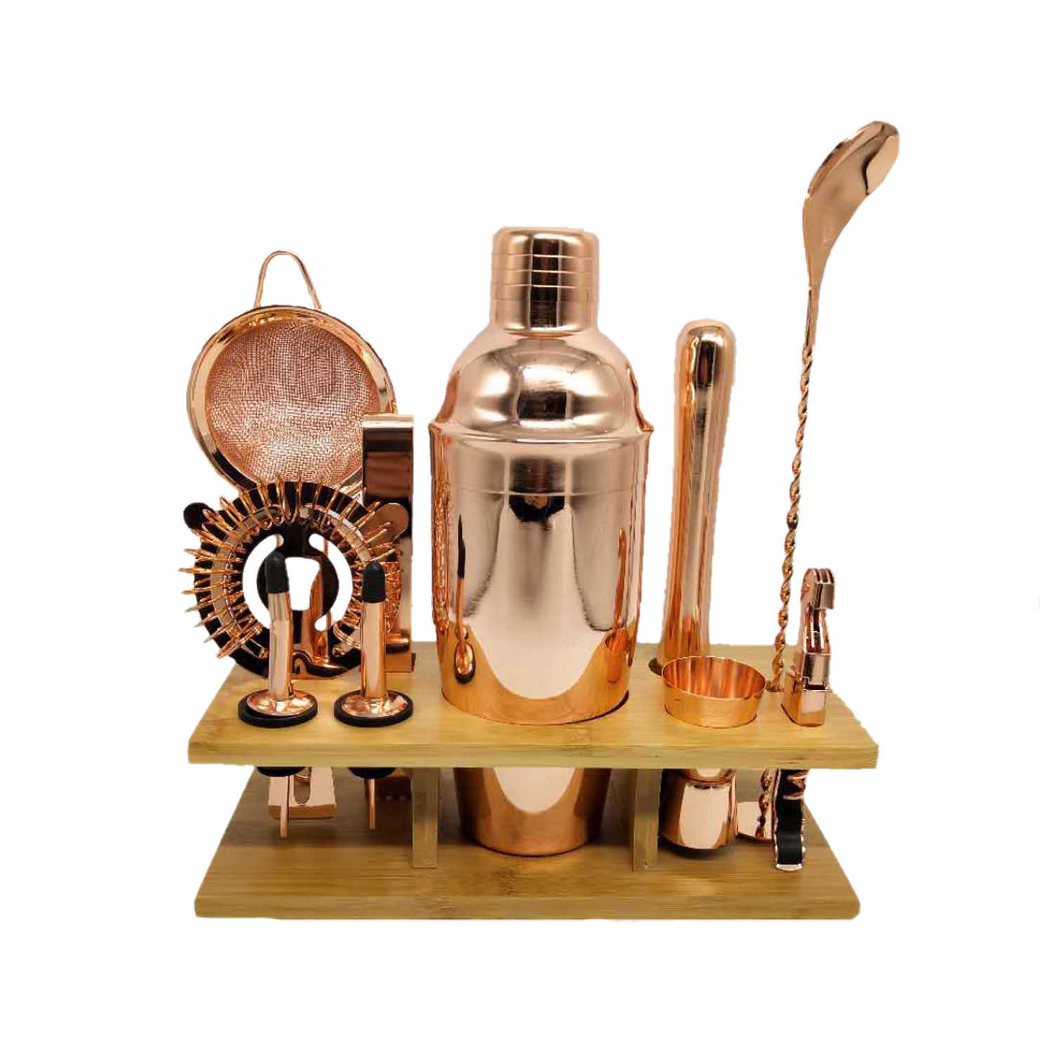 New Design Bar Tools with Wood Stand Bartender Using Rose Gold Bar Set Stainless Steel Cocktail Shaker Set