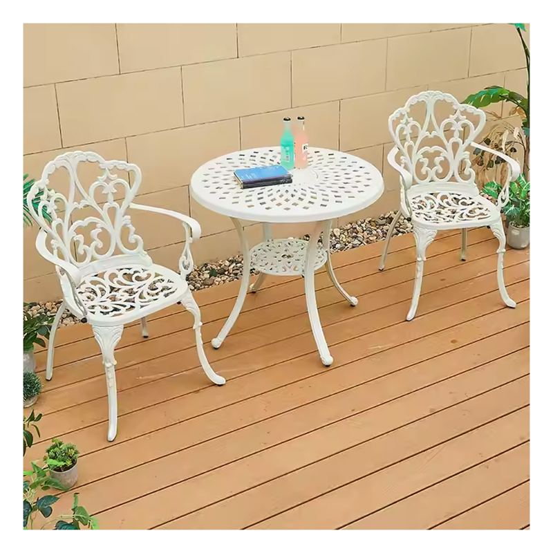White Casting Patio Bistro Dining Set Outdoor Furniture Durable Round Aluminum Table and 2 Seater Chairs with Armrest