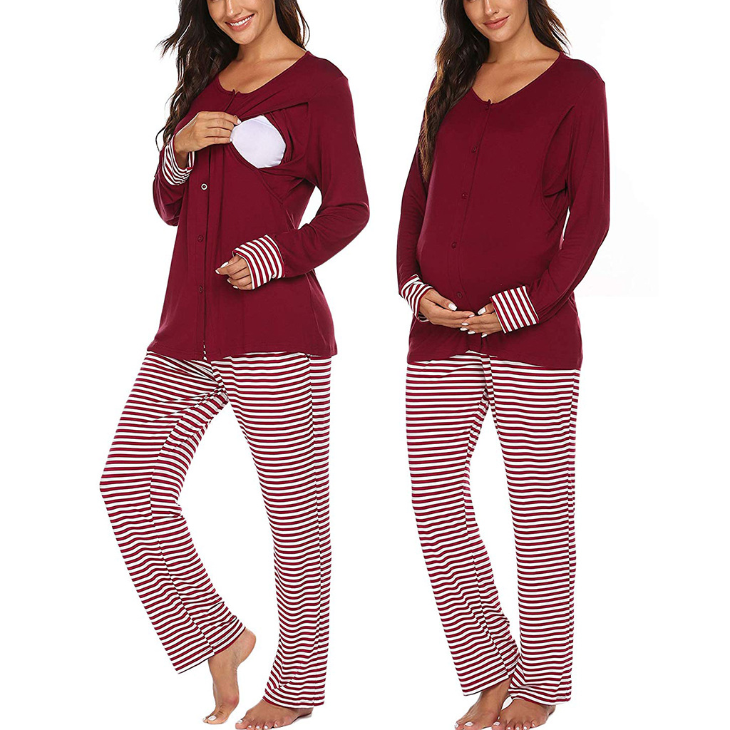 2021 Latest Fashion Loose Comfortable Stripe Pregnant Women Pajamas Maternity Home Wear Two Piece Clothing Sets