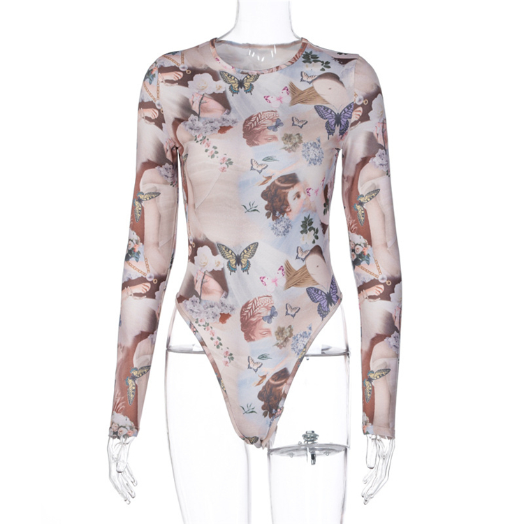 Autumn New Sexy Mesh Yarn Print Round Neck Long Sleeve Onesie Catsuit For Men