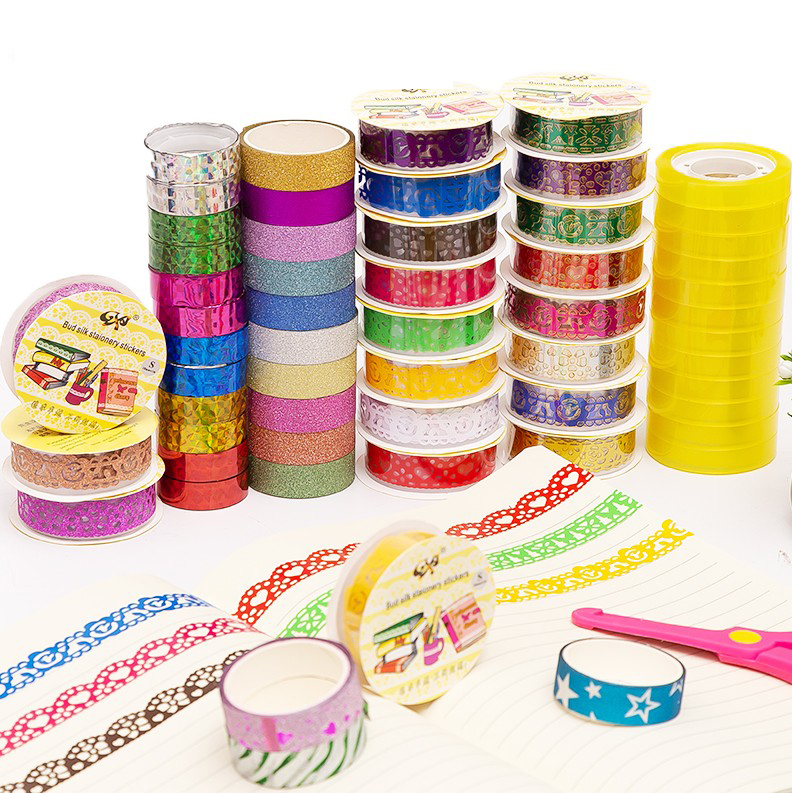 Набор блестящих клейких декоративных лент Washi для рукоделия и подарочной упаковки с красочными рисунками