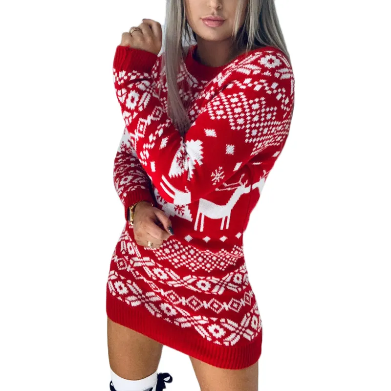 In Stock Wholesale Snowflake Print knitted Ugly Christmas Sweater Dress for Woman