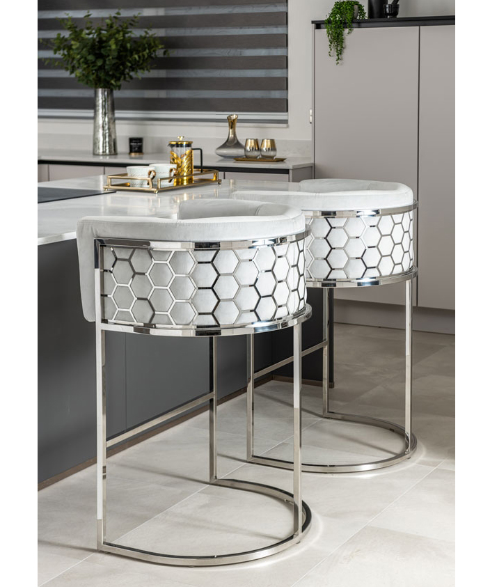 Laser Honeycomb Pattern Stainless Steel High Bar Stool Commercial Velvet Fabric Bar Chair Furniture In Silver