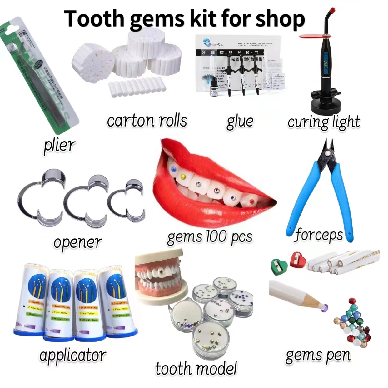 Wholesale factory price  DIY Tooth Gem Material kit Light Cure Adhesive 37% Etchant Blue Gel composite kit sandra tooth gem kit