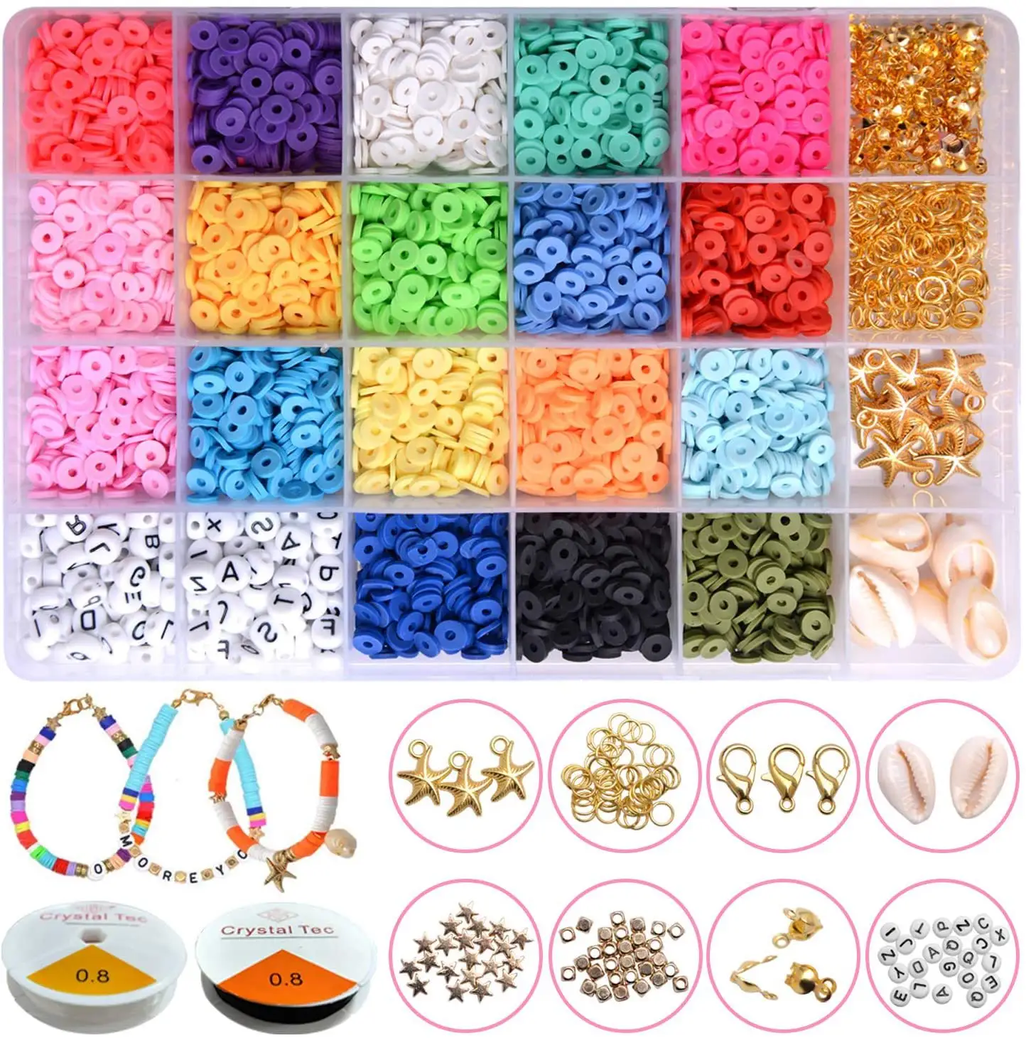 4000 Pcs Clay Beads 6mm 20 Colors Flat Round Polymer Clay Spacer Beads with Pendant Charms Kit and 4 Roll Elastic Strings