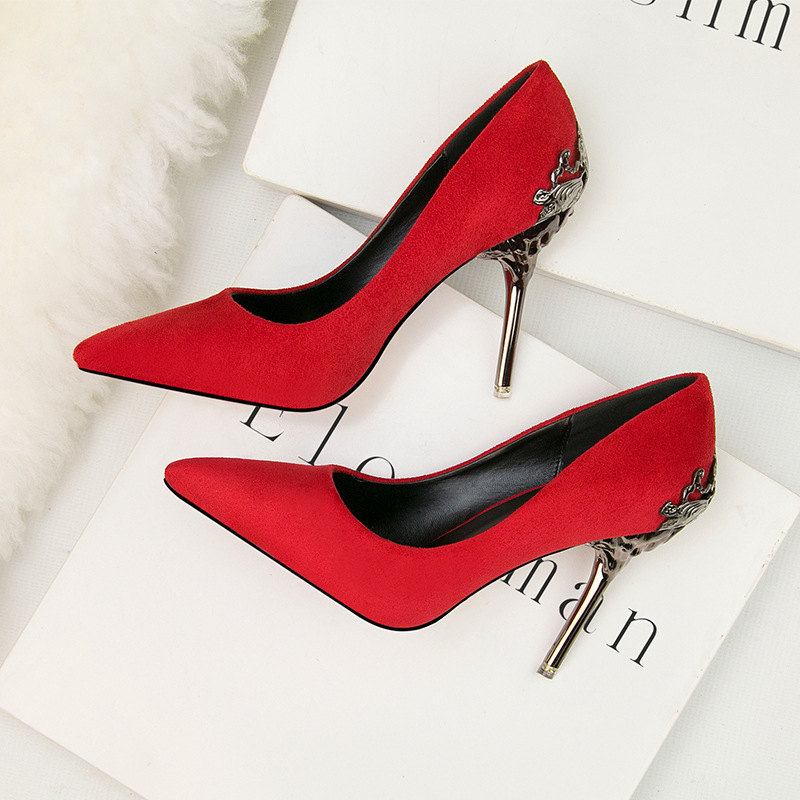 Women's Fashion Wedding Pointed Red Suede Metal Hollow Thin Heel High Heels Shoes