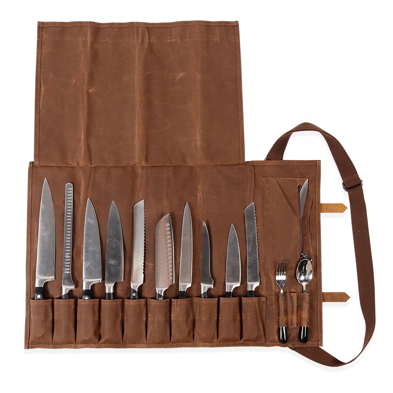 Custom 10 Slots Dark Brown Waxed Canvas Leather Knife Roll Knife Bag