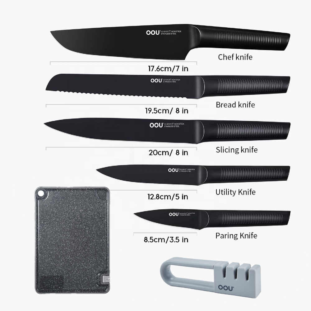 OOU amazon топ продаж BO окисление патент серия black shark 7 шт. набор кухонных поварских ножей с разделочной доской