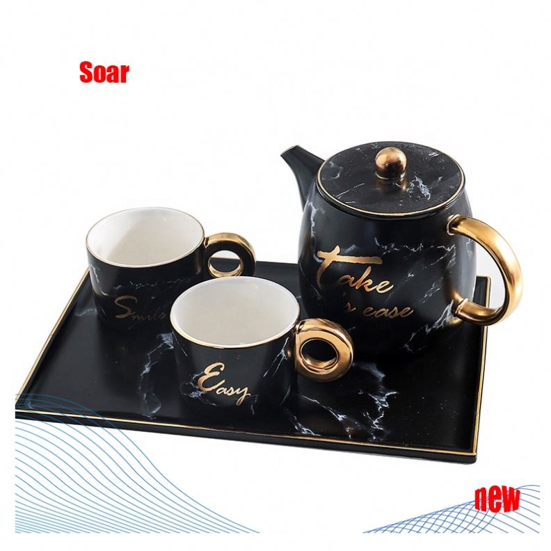 SOAR 2019 Marble Black White Pink 4Pcs Ceramic Teapot Set