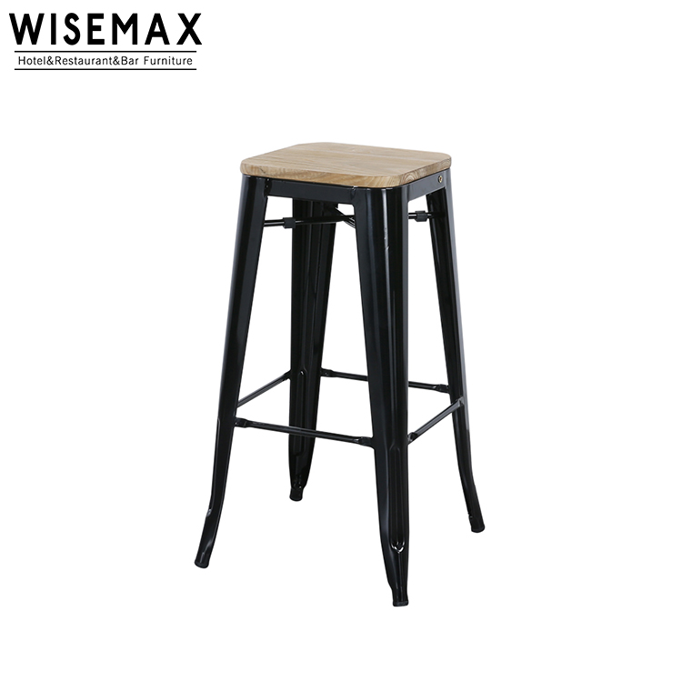 Hot Sale Stackable Backless Wood Seat Metal Vintage Industrial Bar Stools High Bar Chairs