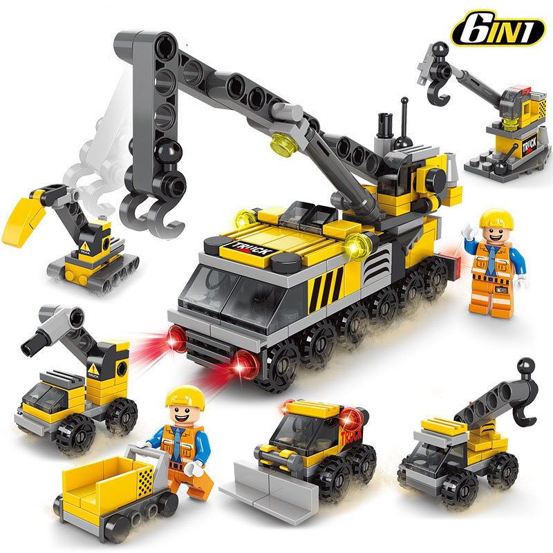 Engineering Truck Building Blocks Vehicle 6 in 1 Excavator Bulldozer Crane Car Bricks City Construction Toys For Children Boys