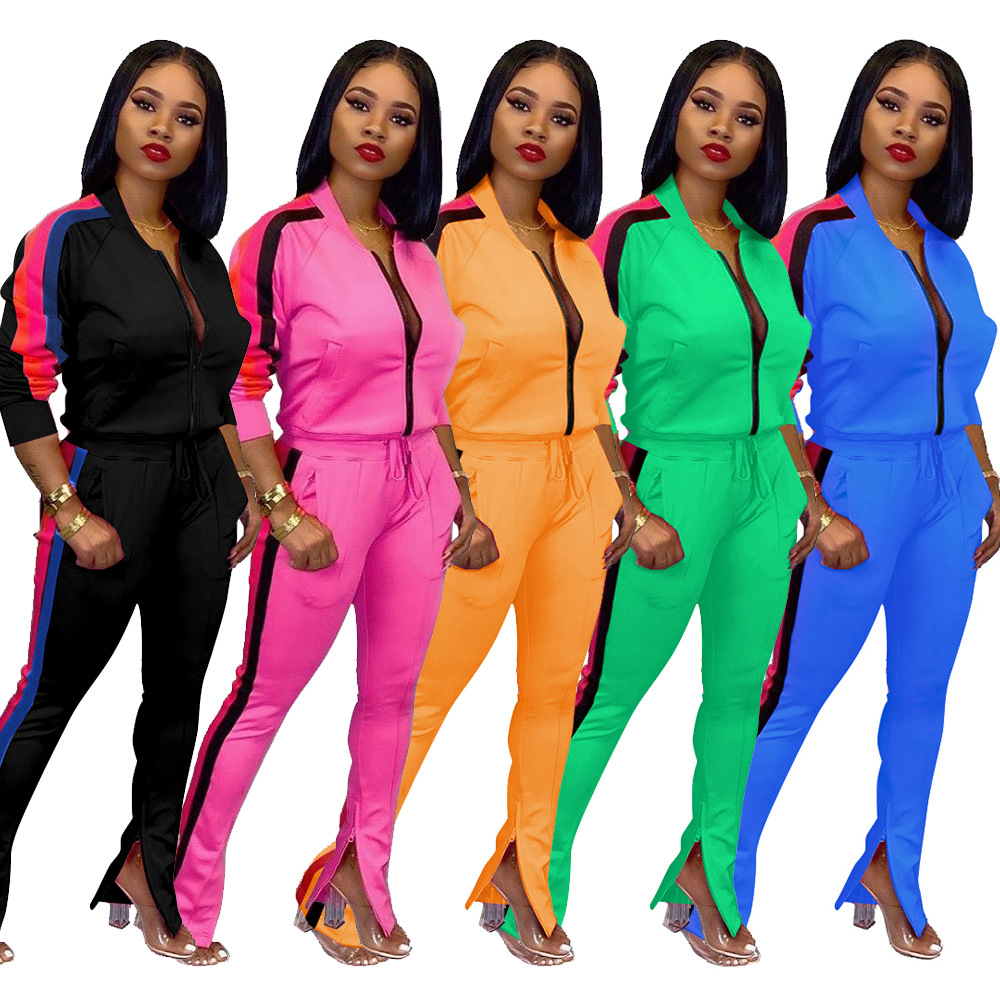 Wear Zipper Up Sweatshirt Tracksuit Outfit Casual Side Striped Sportsuit Long Sleeve Two Piece Pants Set Fall 2021 Women Clothes