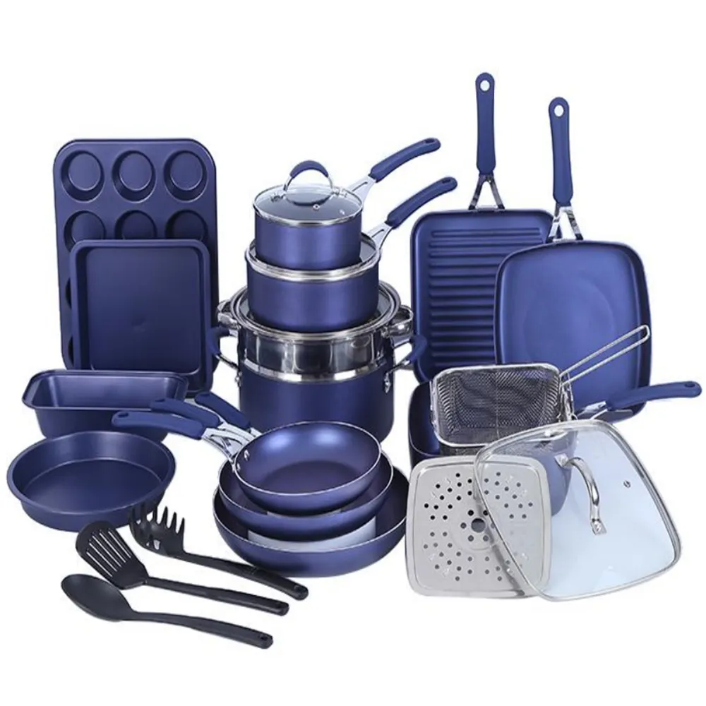 Customized aluminum blue high quality cookware set 20pcs press aluminum cheap used for kitchen cookware set