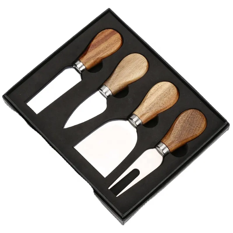 Set of 4 pcs Cheese Tools Set with Acacia Wood Handle Stainless Steel Cheese Knife Set Box