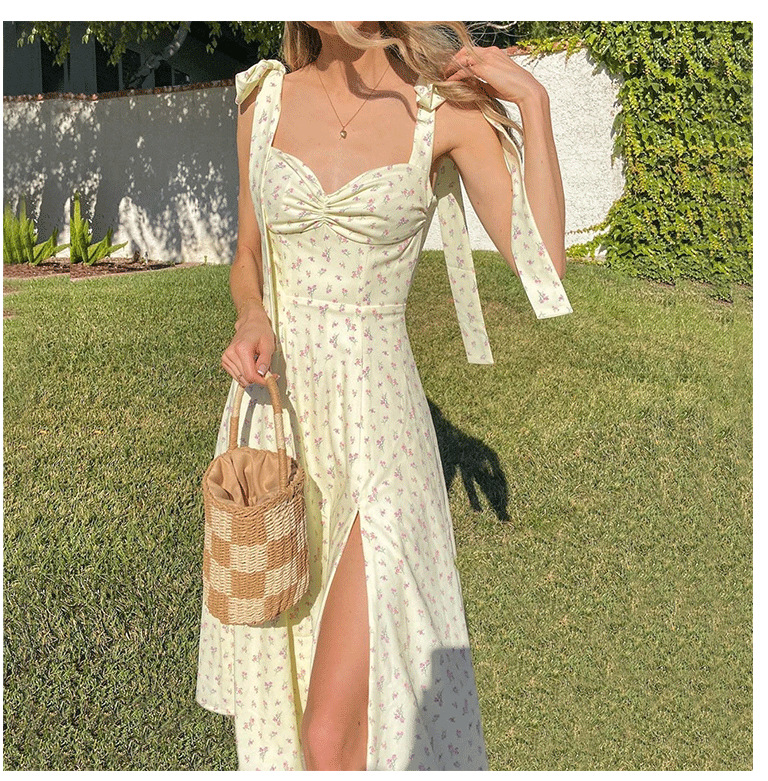Floral Print Shouders Knotted Dress Women Fine Brides Sexy Split High Waist Long Dresses Female 2021 Summer Sweet Lady Clothes
