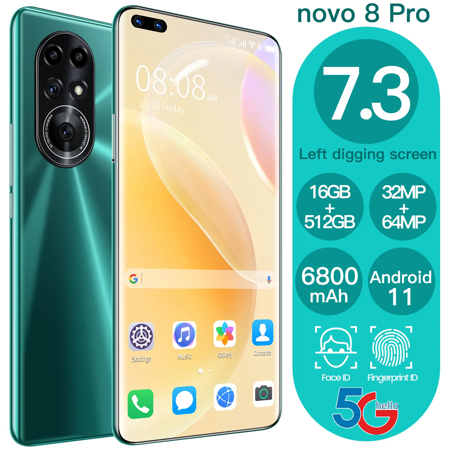 Novo 8 Pro Unlocked Smartphone 7.3 Inch 3040x1440 MTK6889 10 Core Android 16GB + 512GB 5G 6800mAh Large Capacity Mobilephone