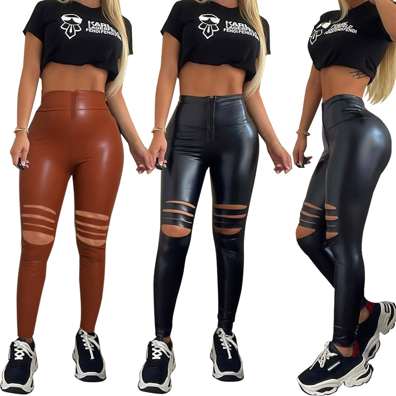 Sexy High Waist Ripped Leather Leggings Stretchy Women PU Leather Skinny Zipper Pencil Pant