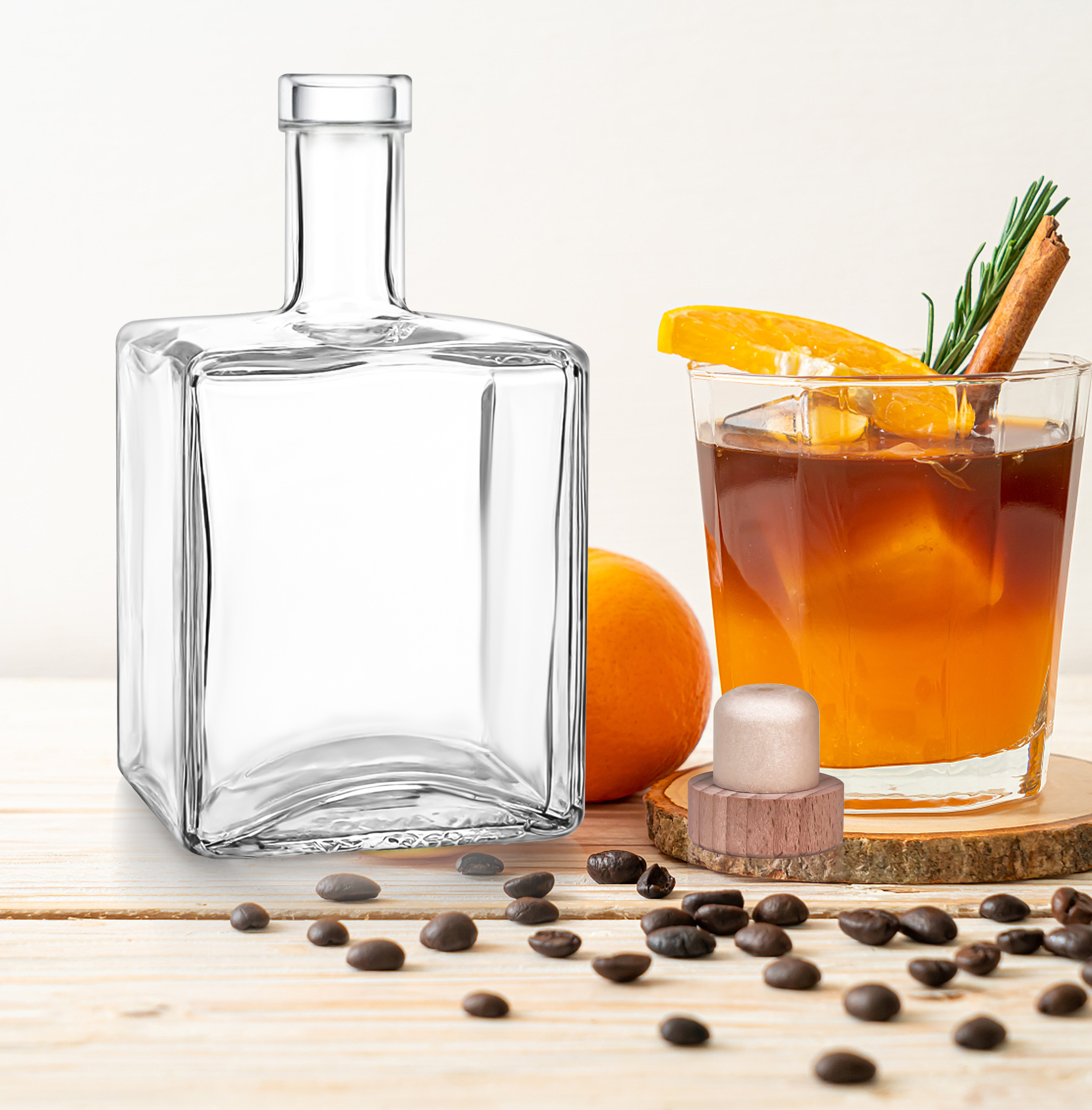 wholesale square 500ml 700ml 750ml glass bottles for Gin Rum Vodka brandy Whiskey tequila with cork stopper manufacturers