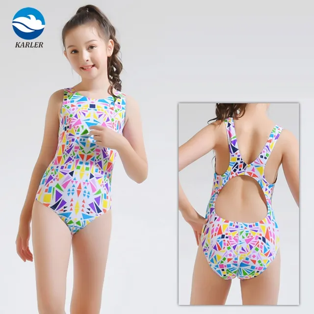 Colorful One Piece Little Girl Swimsuit Geometry Baby Girls Swimwear