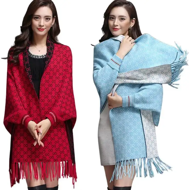 2022 Luxury Poncho With Tassels Brand Pashmina Winter Wool Blend With Sleeve Warm Cashmere Double-side Shawl