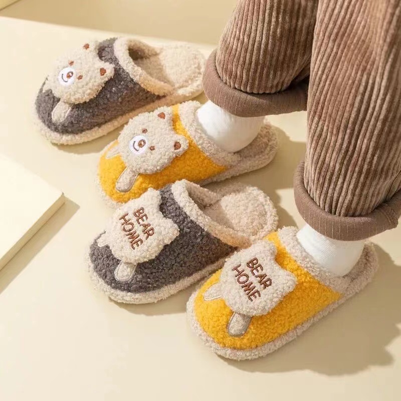 Winter Quiet Indoor Soft Cozy Plush Fluffy Cute Lovely Bear Cotton Slippers for Kids Boys and Girls Floor Mop Slippers PVC Sole