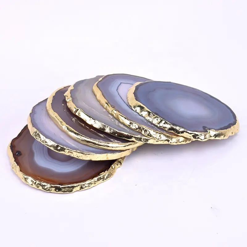 Gold Plated Polished Large Small Blue Red Purple Black Green Wholesale Natural Coaster Stone Agate Slices