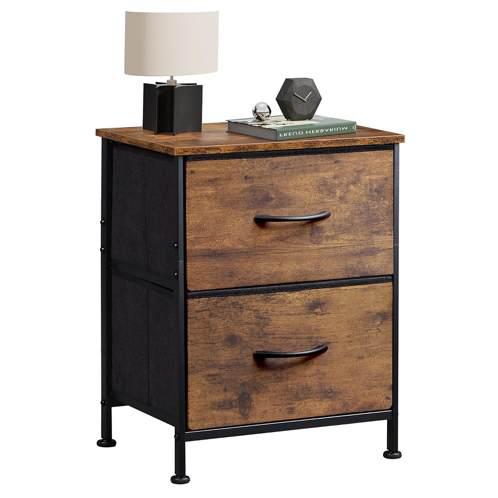 Rustic 2-Drawer Nightstand Fabric Bedroom Bedside Furniture with Drawer Storage Organizers for Clothing Chest of Drawers