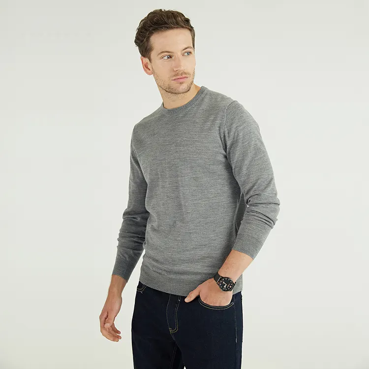 Men's 100% Merino Wool Material Sweater Custom Winter Long Sleeve Crew Neck Grey Plain knitted Pullover Sweaters For Man