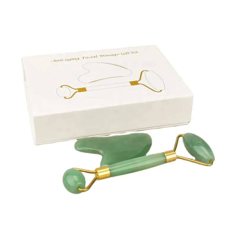 Gift Box Packaging Rose Quartz Aventurine Green Anti Aging Jade Roller Gua Sha Set