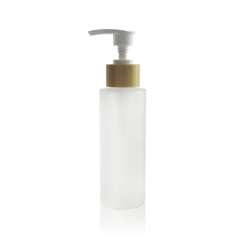 cosmetic packaging 100ml 150ml bamboo lotion bottle frosted glass bottle with bamboo pump