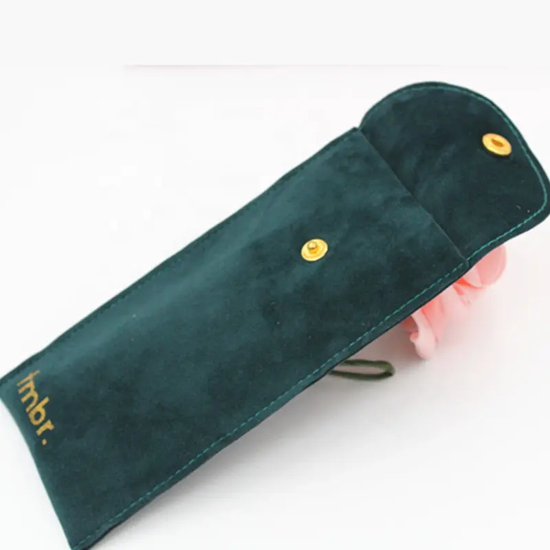 Custom printed button closure dark green suede bag microfiber long pen pencil packaging pouch with flap