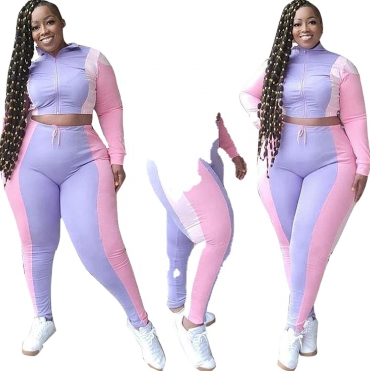 Autumn Fashion Zipper Plus Size Tracksuits Stitching Plus Size 2pcs Sets Women Clothes Women Casual Sets