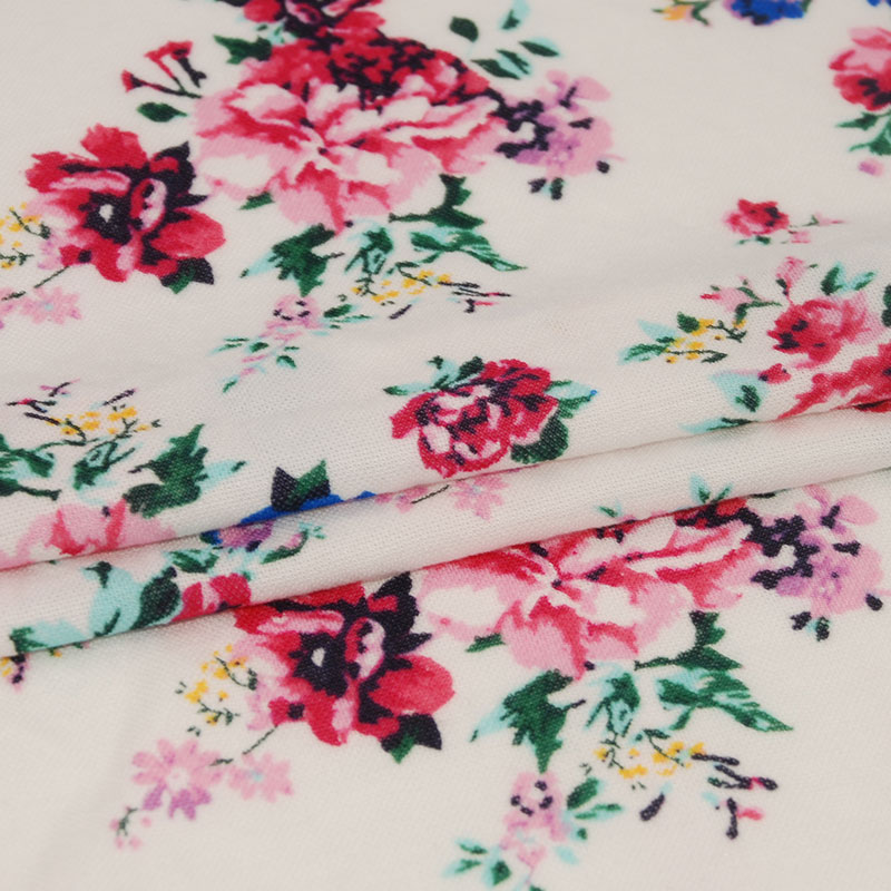 Wholesaler white knit colorful flower design made printed rayon nylon pique fabric
