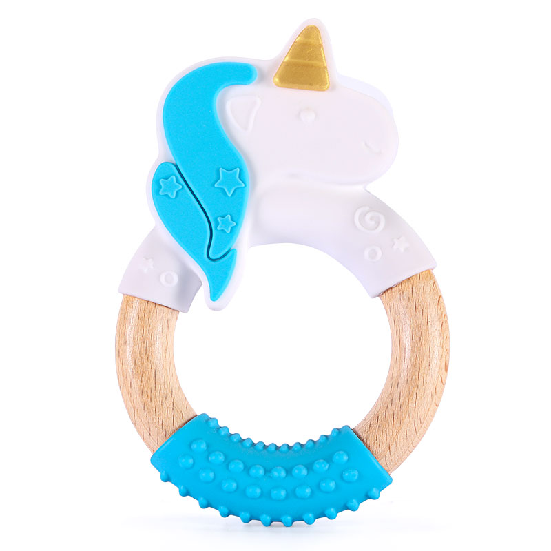 Custom Wholesale Safe Children Kids Teething Ring Toys Soothing Organic Beech Wood Silicone Baby Teethers