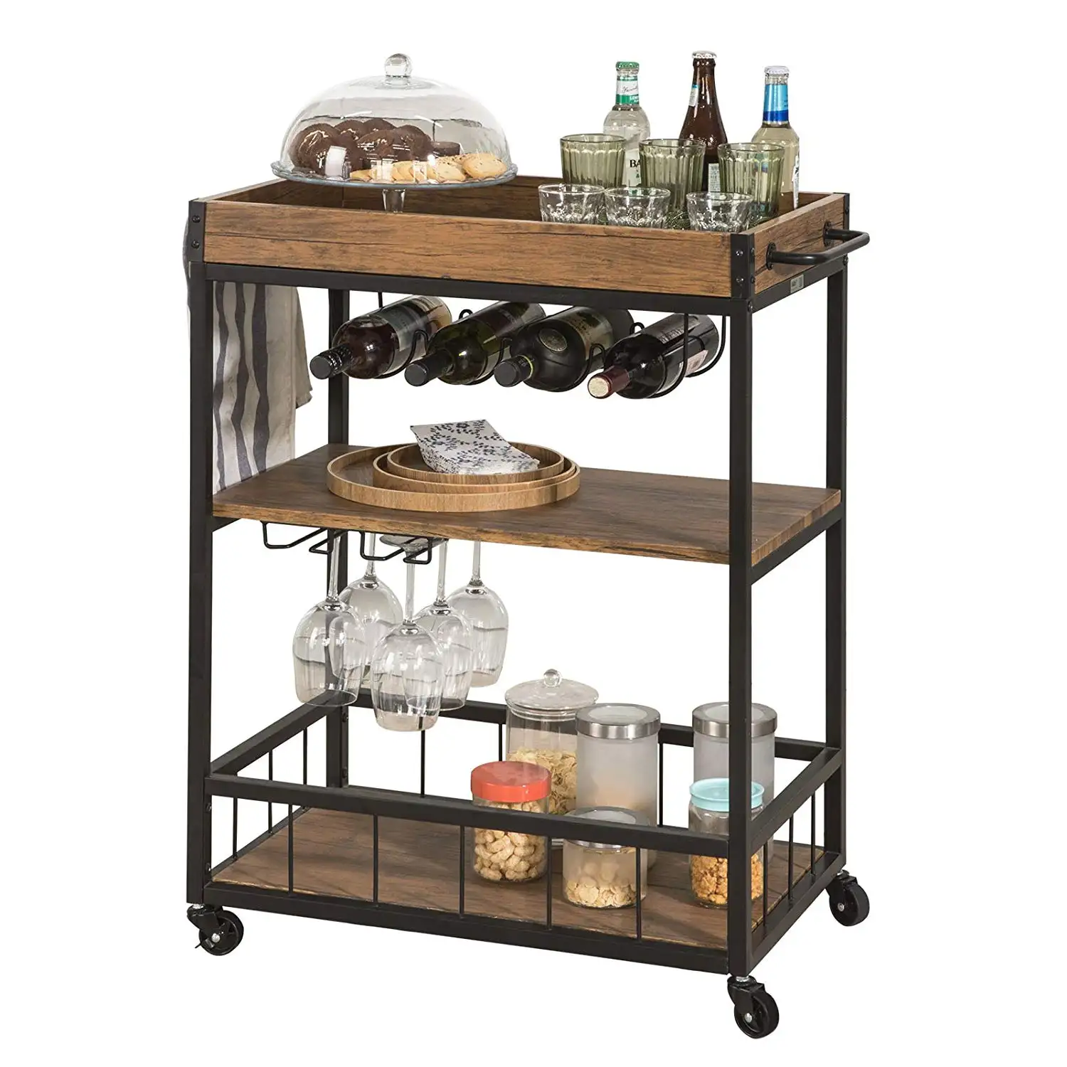 retro rustic 3 tiers mdf top wooden metal kitchen rack storage island trolley bar cart with wine rack tray handle cup holder