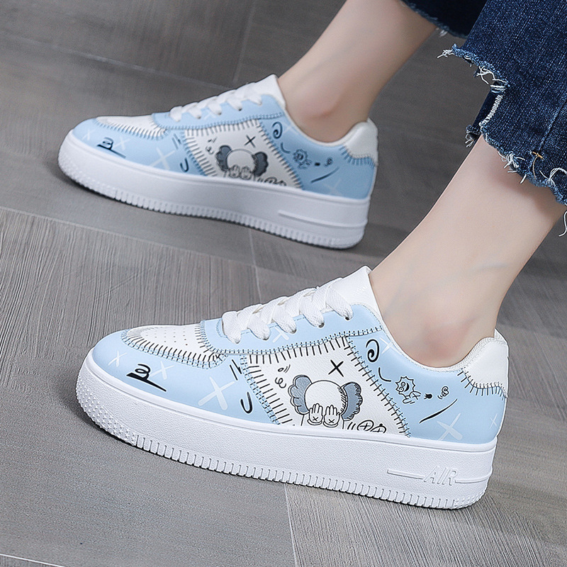 Top Selling White And Blue Simple Casual Tennis Shoes Cute Doodle Pu Upper Stylish Tennis Shoes