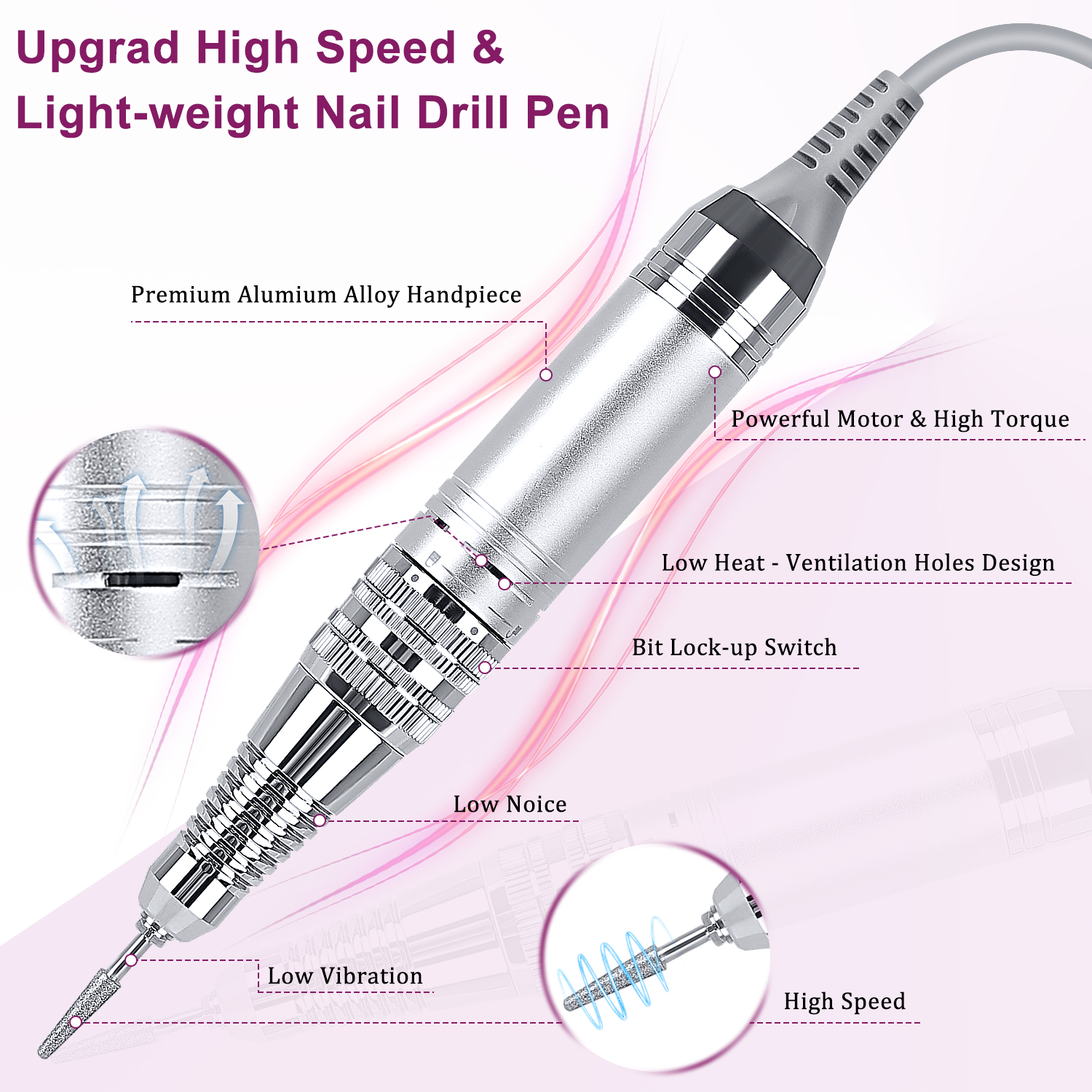 2021 best quality Oem 35000RPM cordless portable acrylic nail drill set rechargeable with hook