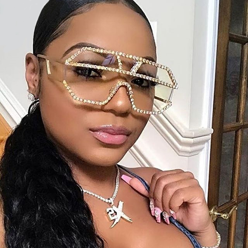 1641 Luxury Vintage Diamond Sunglasses One-piece Square Rhinestone Oversized Sunglasses