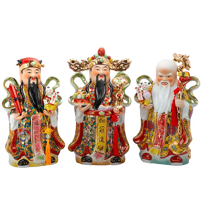 Dehua Color Porcelain Painted Chinese 3 God Fuk Luk Sauk House Decoration statue crafts
