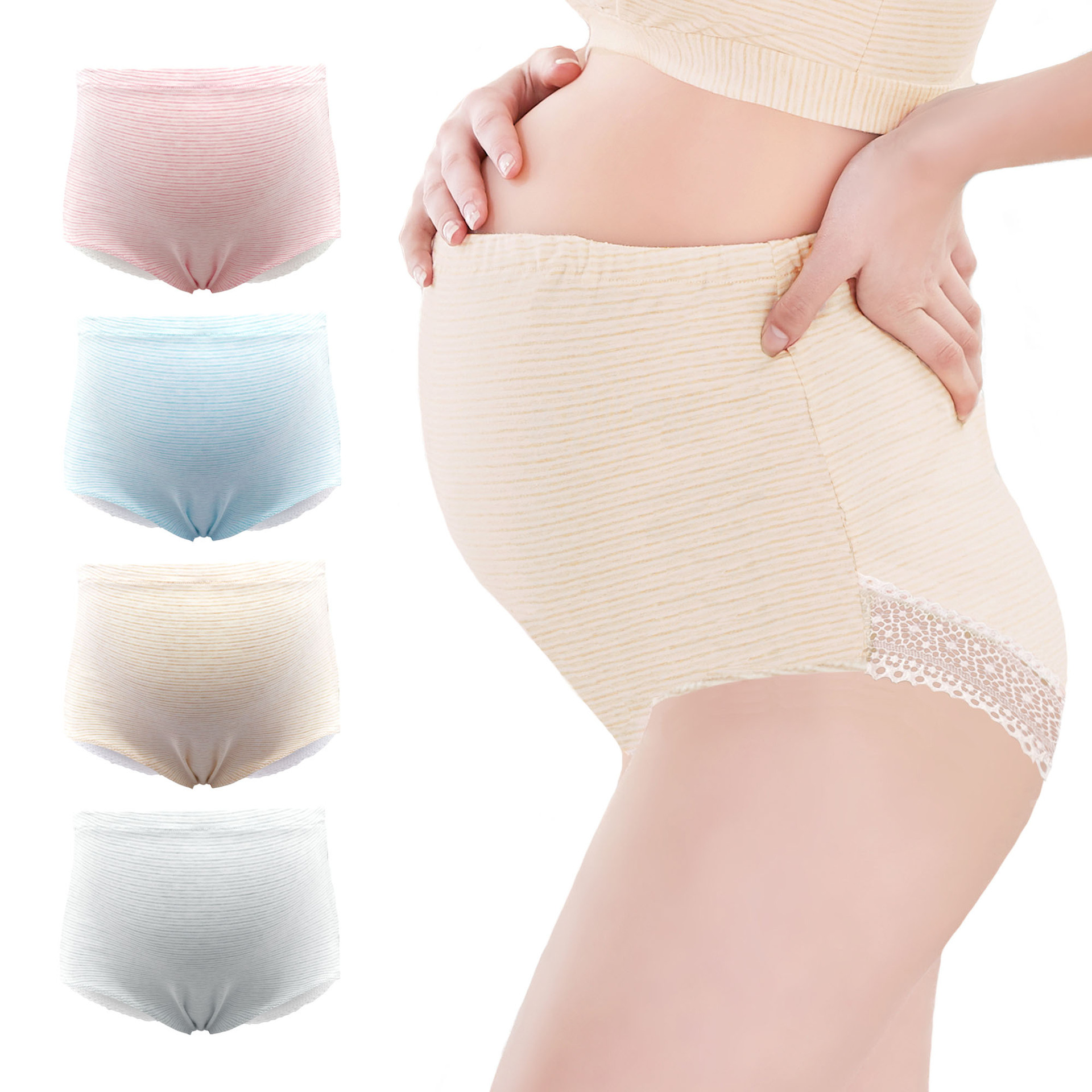 Color Cotton Stripes Simple Comfortable Breathable High Waist Adjustable Lace Maternity Panties For Women