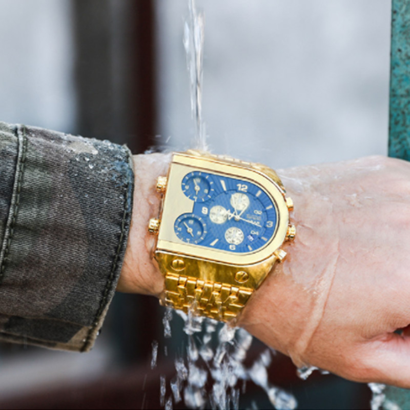 New TEMEITE Tonneau Shaped Fashion Military Three Times Zone Calendar Steel Belt Sports Golden Quartz Watches Custom For Mens