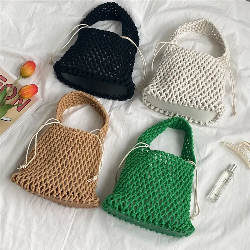 Fashionable Cotton Rope Woven Macrame Mesh Net Beach Bag Handmade Crochet Bag With Inner Pocket