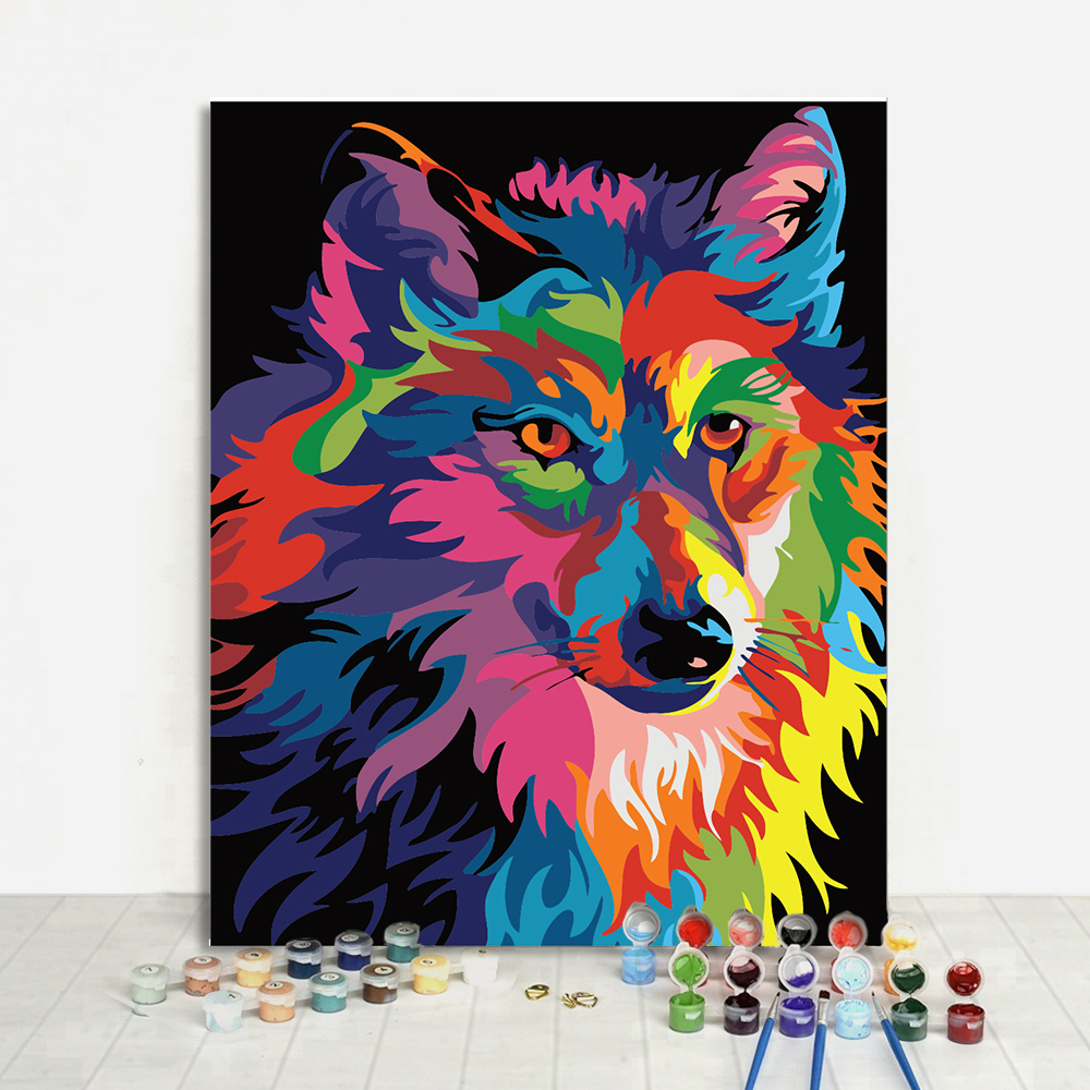 Abstract Colorful Wolf Animal Painting By Numbers Kids DIY Hand Drawing Art Gift
