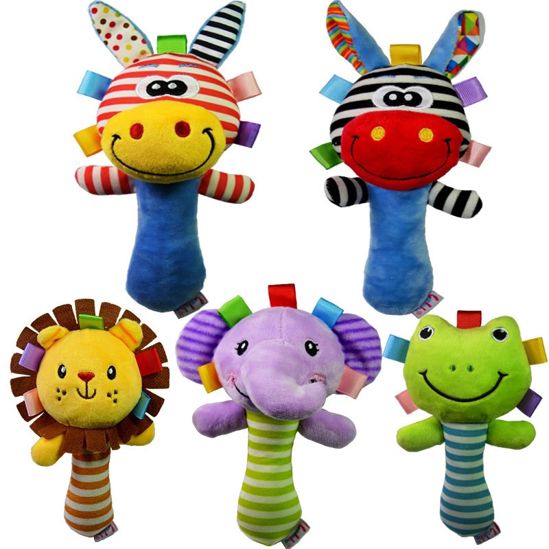 Custom Stuffed Animal Handbells Baby Soft Plush Elephant Frog Hand Rattle Squeaker Stick Toys